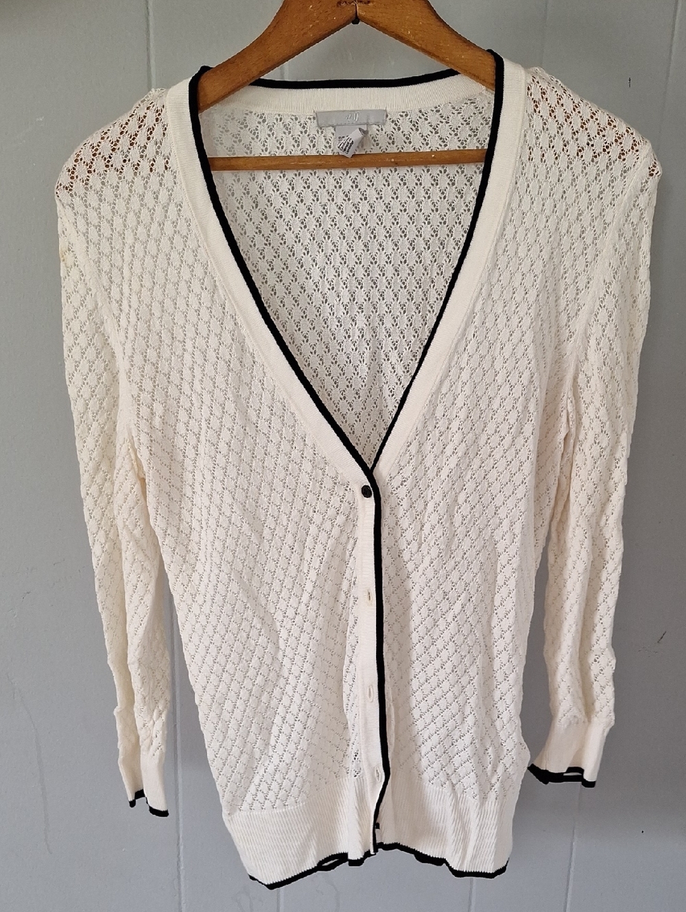 H&M Ivory Open-Knit Cardigan with Black Trim